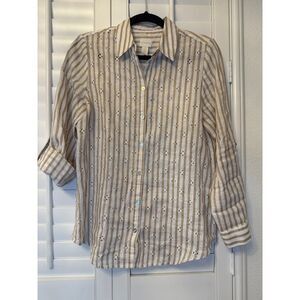 Chico's Coastal Grandma 100% Linen Shirt Size S Striped Eyelet Embroidered